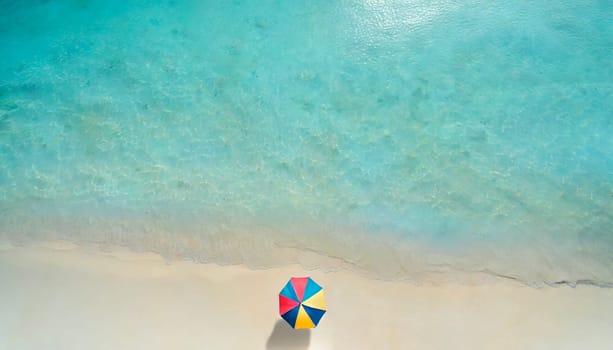 Umbrella on the beach with turquoise water. Top view. AI generated
