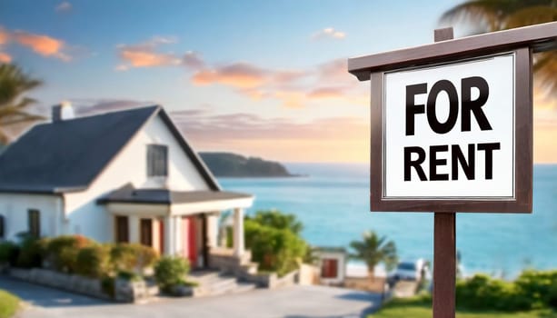 For rent sign with tropical beach in background. Ocean front vacation rental property. AI generated