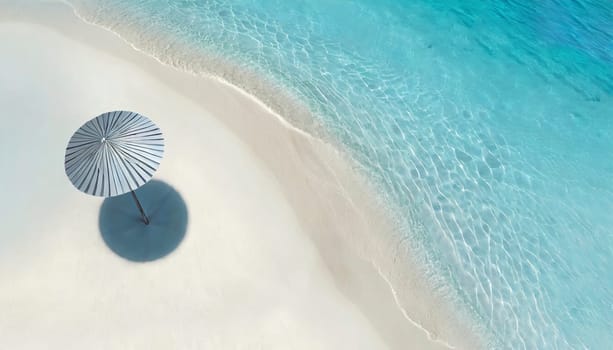 Umbrella on the beach with turquoise water. Top view. AI generated