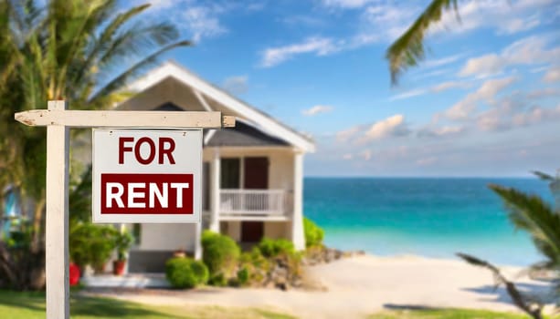 For rent sign with tropical beach in background. Ocean front vacation rental property. AI generated