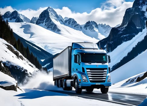 Truck drives through the snowy mountains