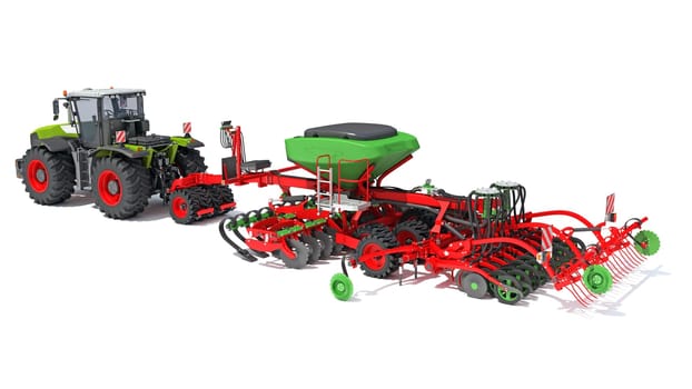 Tractor with Seed Drill farm equipment disc harrow 3D rendering model on white background