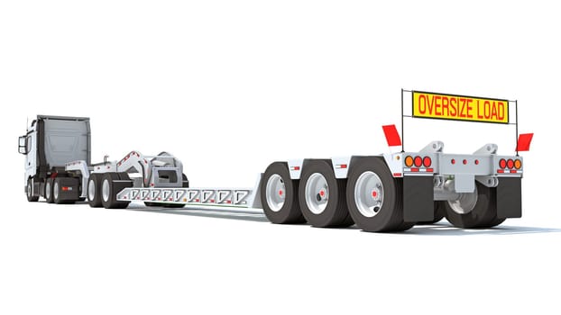 Semi Truck with Lowboy Platform Trailer 3D rendering model on white background