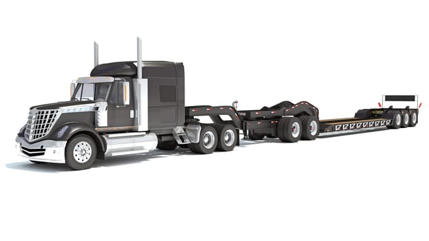 Semi Truck with Lowboy Platform Trailer 3D rendering model on white background