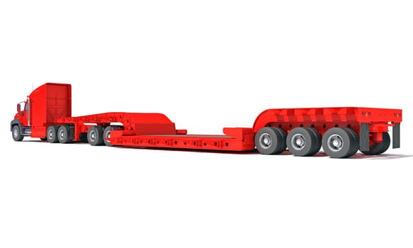 Semi Truck with Lowboy Platform Trailer 3D rendering model on white background