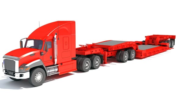 Semi Truck with Lowboy Platform Trailer 3D rendering model on white background