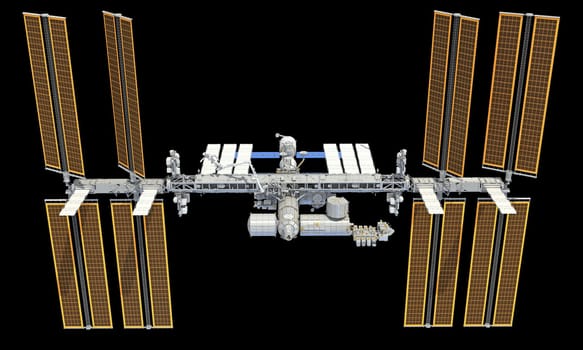International Space Station ISS 3D rendering model on black background