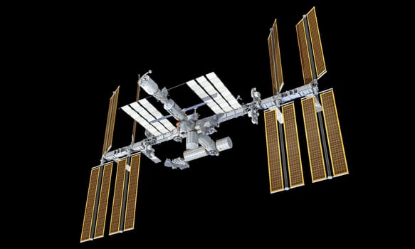 International Space Station ISS 3D rendering model on black background