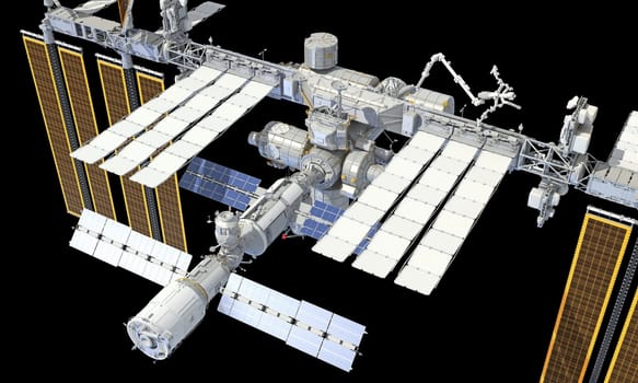 International Space Station ISS 3D rendering model on black background