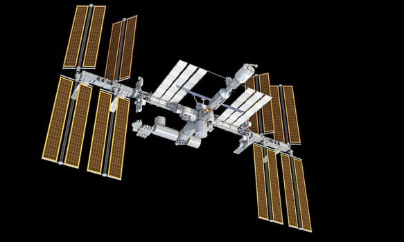 International Space Station ISS 3D rendering model on black background