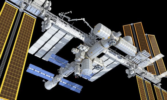 International Space Station ISS 3D rendering model on black background