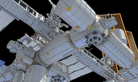 International Space Station ISS 3D rendering model on black background