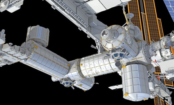 International Space Station ISS 3D rendering model on black background