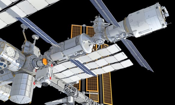 International Space Station ISS 3D rendering model on black background