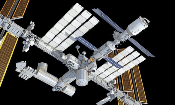 International Space Station ISS 3D rendering model on black background