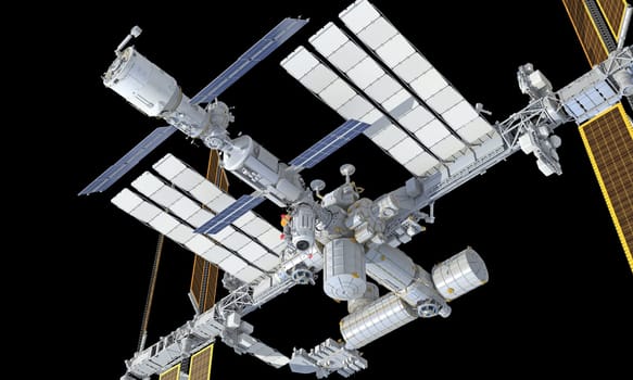 International Space Station ISS 3D rendering model on black background