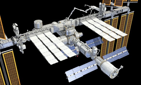 International Space Station ISS 3D rendering model on black background