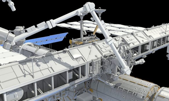 International Space Station ISS 3D rendering model on black background