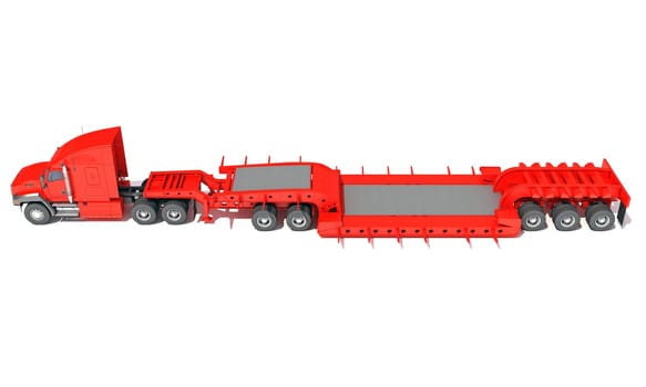 Semi Truck with Lowboy Platform Trailer 3D rendering model on white background