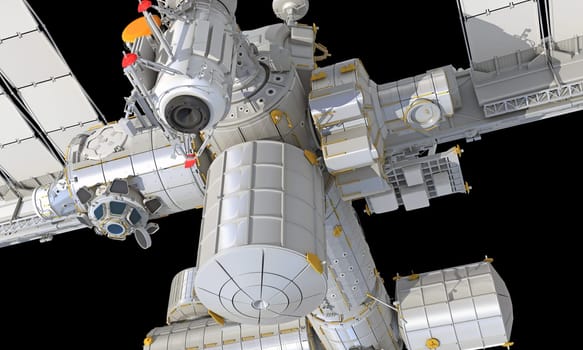 International Space Station ISS 3D rendering model on black background