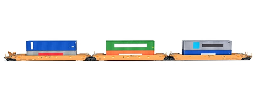 Double Stack train Cars with Containers 3D rendering model on white background