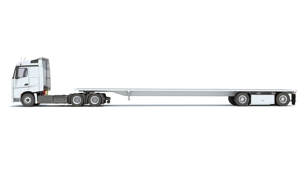 Semi Truck with Lowboy Platform Trailer 3D rendering model on white background