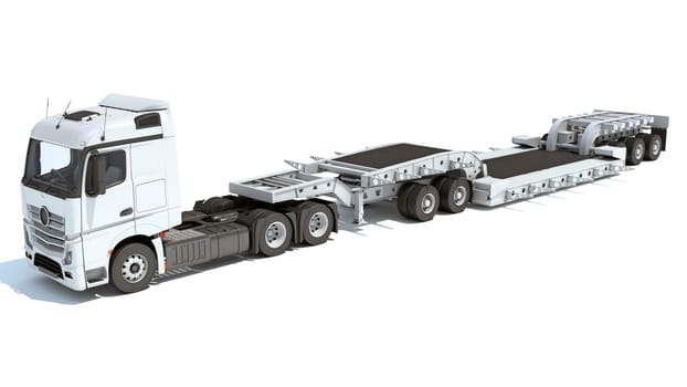 Semi Truck with Lowboy Platform Trailer 3D rendering model on white background