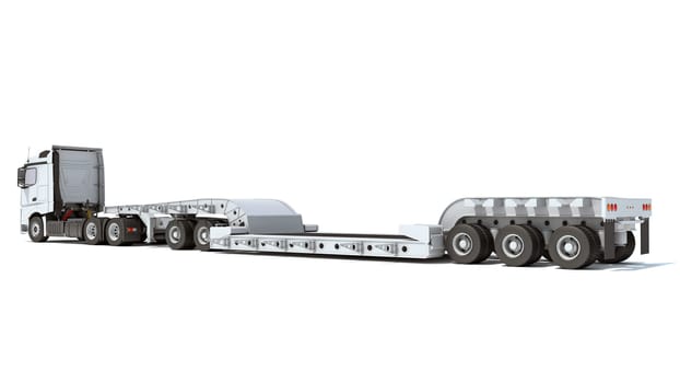 Semi Truck with Lowboy Platform Trailer 3D rendering model on white background