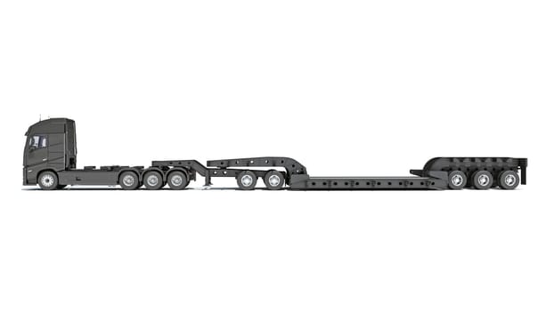 Semi Truck with Lowboy Platform Trailer 3D rendering model on white background