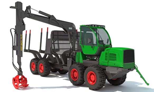 Forwarder Forestry Vehicle heavy machinery 3D rendering model on white background
