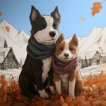 Painting of two dogs sitting together wearing scarves on the ground in a field. The background is mountains. This image conveys friendship, love, connection, and warmth. It depends on the interpreter.