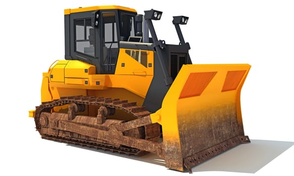 Dozer heavy construction machinery 3D rendering model on white background