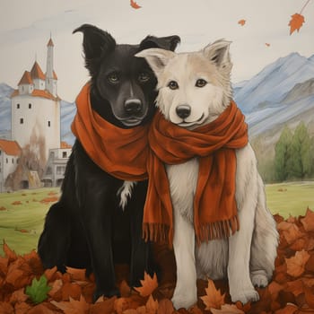 Painting of two dogs sitting together wearing scarves on the ground in a field. The background is mountains. This image conveys friendship, love, connection, and warmth. It depends on the interpreter.
