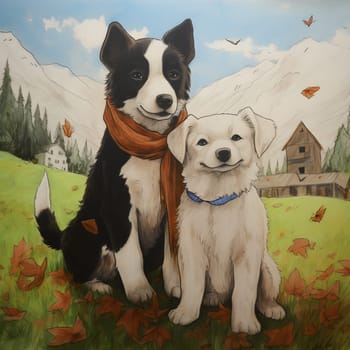 Painting of two dogs sitting together wearing scarves on the ground in a field. The background is mountains. This image conveys friendship, love, connection, and warmth. It depends on the interpreter.