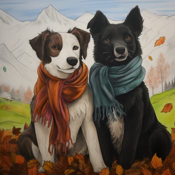 Painting of two dogs sitting together wearing scarves on the ground in a field. The background is mountains. This image conveys friendship, love, connection, and warmth. It depends on the interpreter.