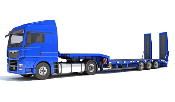 Truck with flatbed trailer 3D rendering model on white background