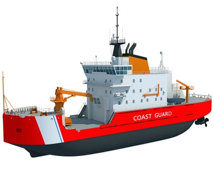 Coast Guard Icebreaker ship 3D rendering Concept of industrial ice breaking watercraft on white background
