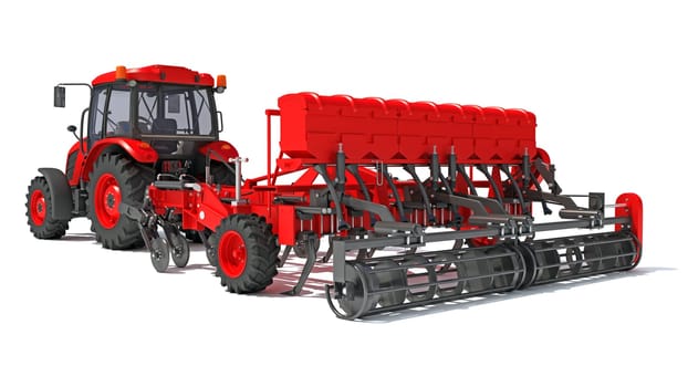 Tractor with Seed Drill farm equipment disc harrow 3D rendering model on white background