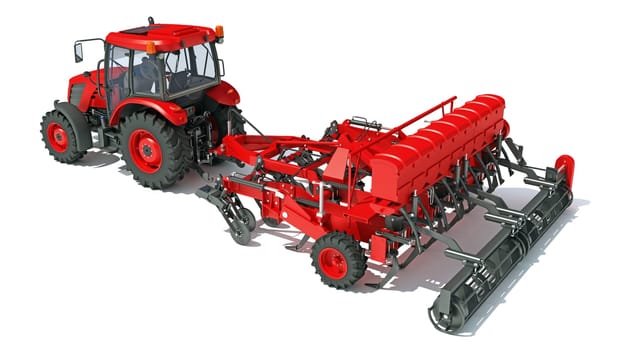Tractor with Seed Drill farm equipment disc harrow 3D rendering model on white background