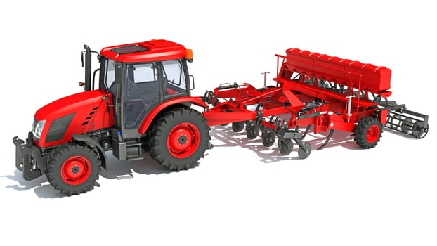 Tractor with Seed Drill farm equipment disc harrow 3D rendering model on white background