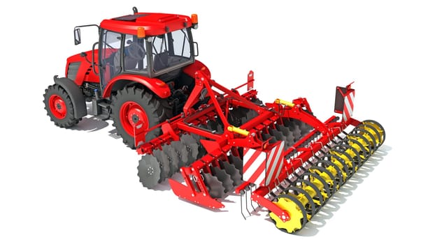Tractor with Seed Drill farm equipment disc harrow 3D rendering model on white background