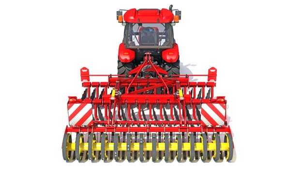Tractor with Seed Drill farm equipment disc harrow 3D rendering model on white background
