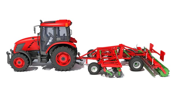 Tractor with Seed Drill farm equipment disc harrow 3D rendering model on white background