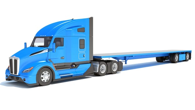 Truck with flatbed trailer 3D rendering model on white background