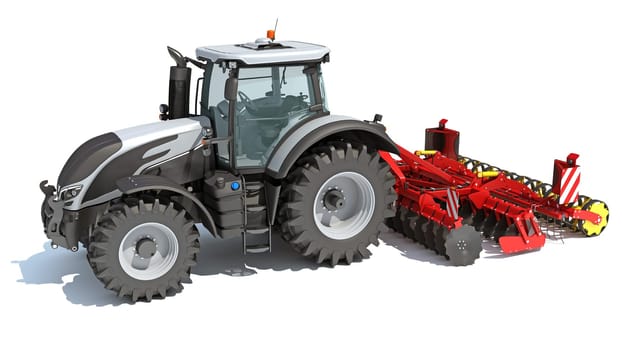 Tractor with Trailed Disc Harrow farm equipment 3D rendering model on white background