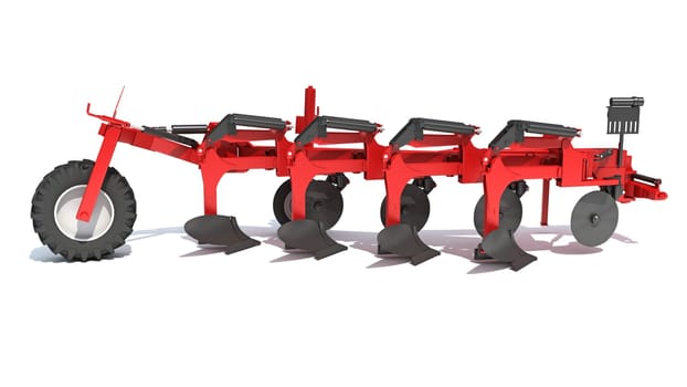 Semi Mounted Farm Plough 3D Rendering model on White Background