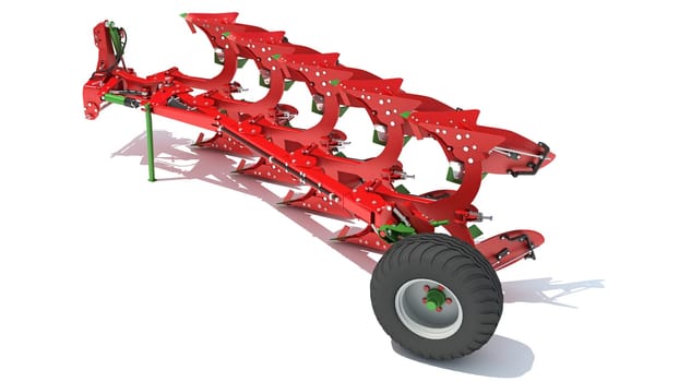 Semi Mounted Farm Plough 3D Rendering model on White Background