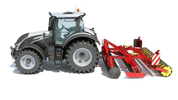 Tractor with Trailed Disc Harrow farm equipment 3D rendering model on white background