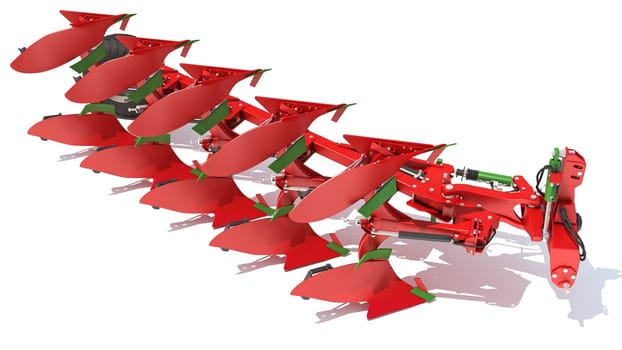 Semi Mounted Farm Plough 3D Rendering model on White Background
