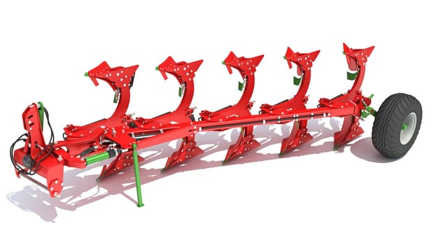 Semi Mounted Farm Plough 3D Rendering model on White Background